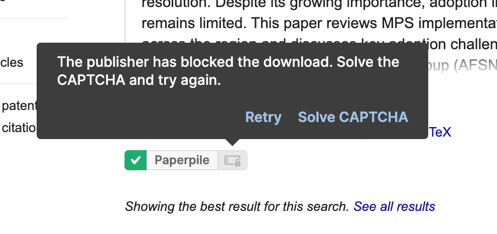 A search result with a green ticked Paperpile button and a tooltip reading “The publisher has blocked the download. Solve the CAPTCHA and try again.” with Retry and “Solve CAPTCHA” links.